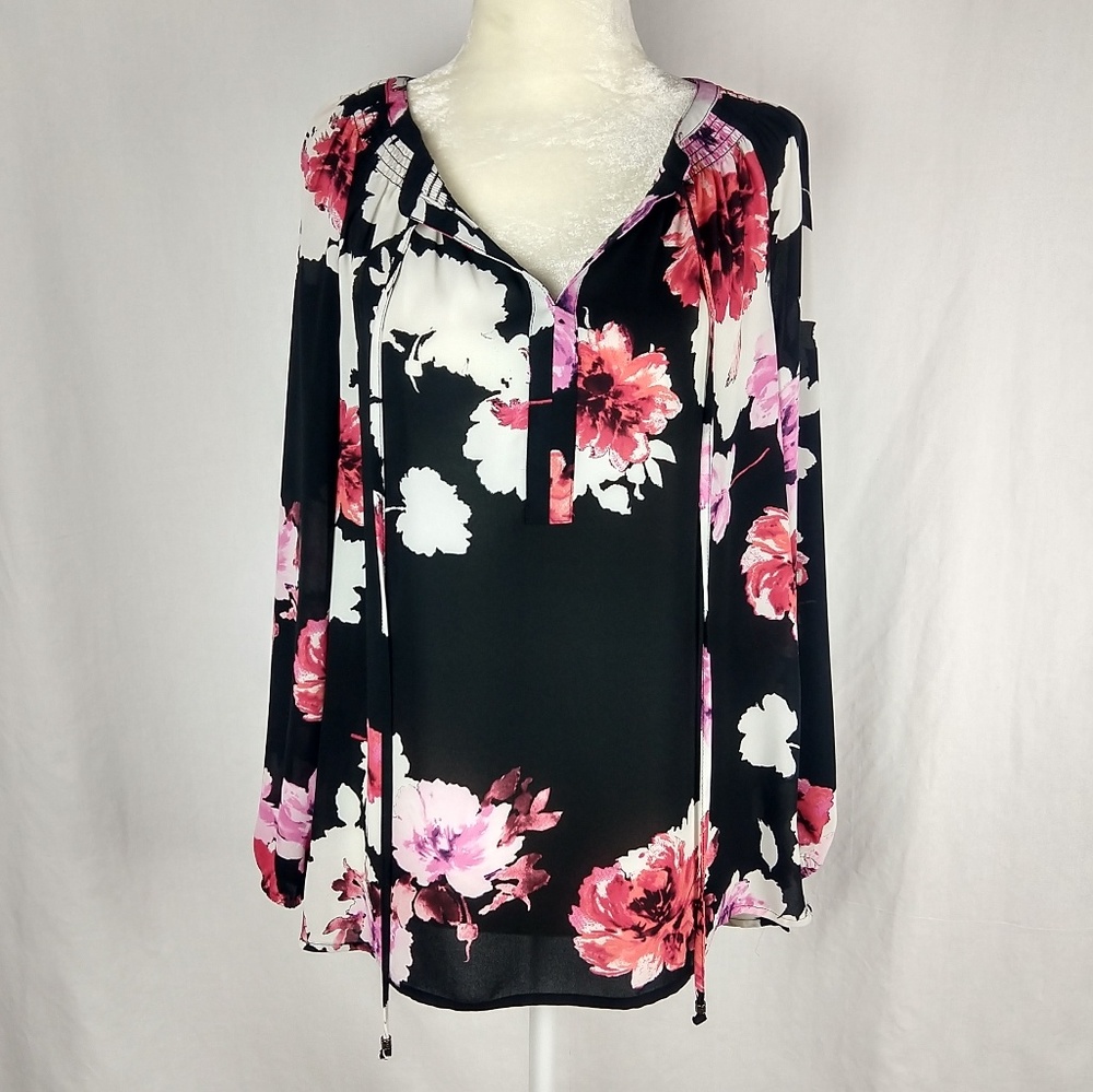 DR2 Pink Floral Black Blouse size Small